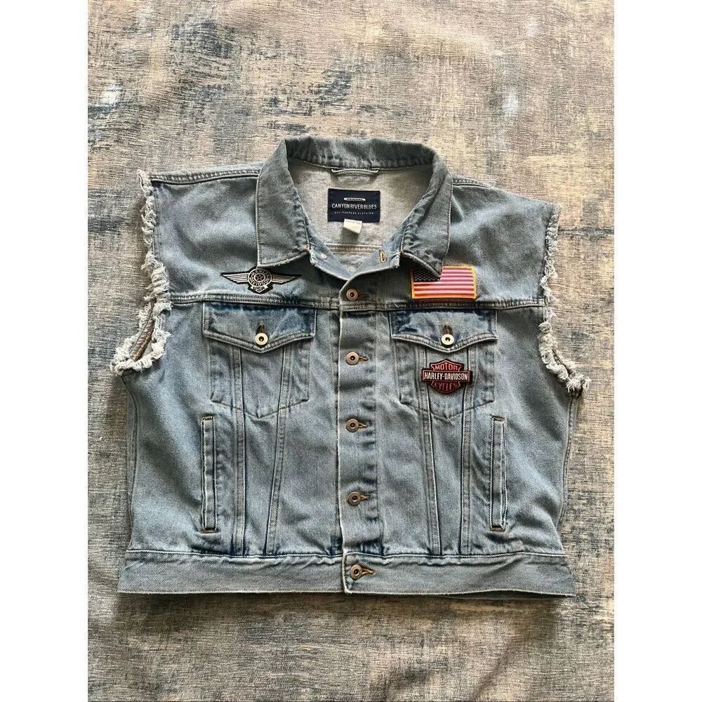 Canyon River Blues Distressed Denim Harley Davidson Patch Vest Men's Large